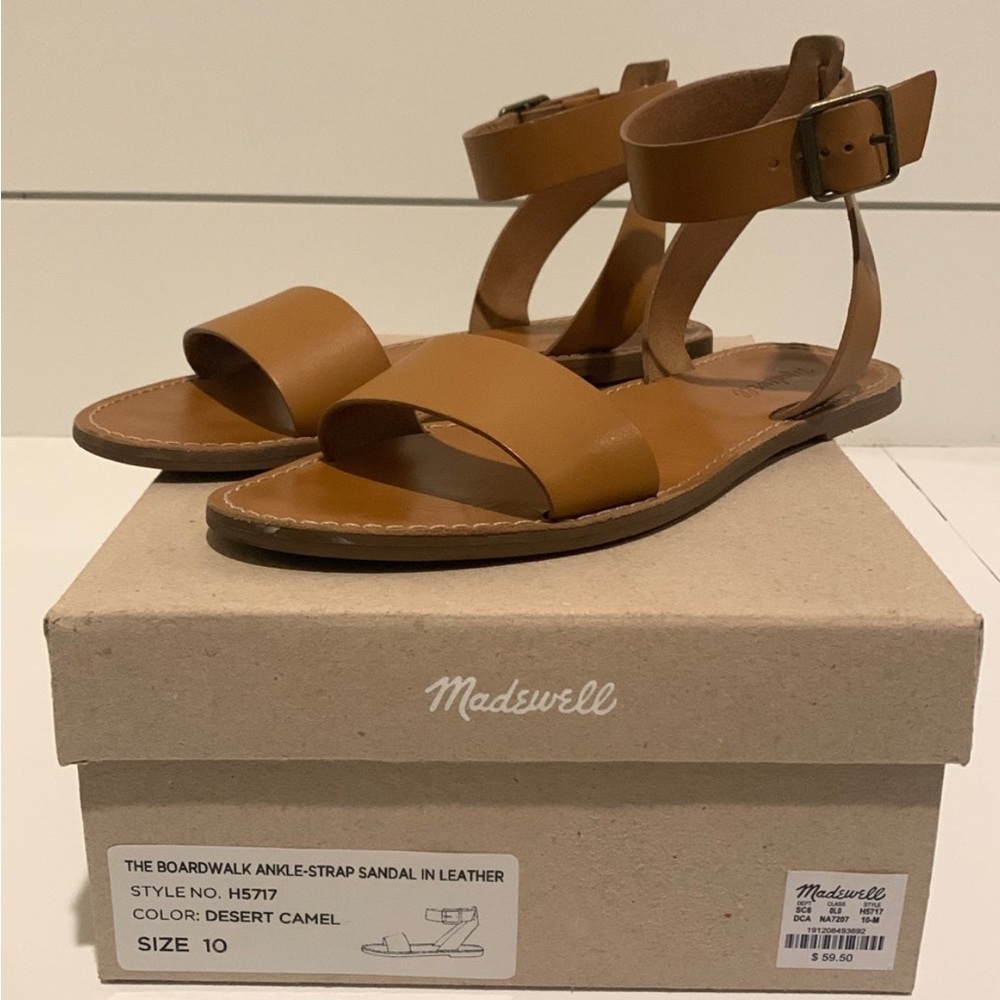 Tan Leather “Boardwalk Sandal with Ankle Strap” by Madewell.